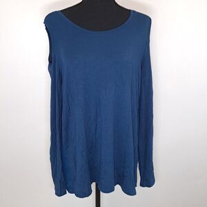 Lysse Cold Shoulder Long Sleeve Lightweight Blue Scoop Neck Top Shirt